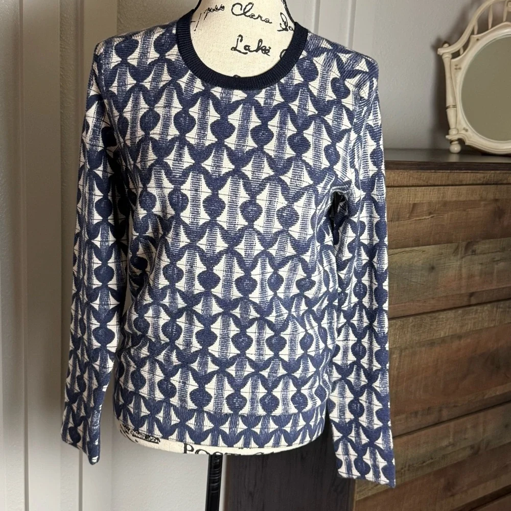 Tory Burch Navy Blue Cream Geometric Merino Wool‎ Jacquard Crewneck Sweater S